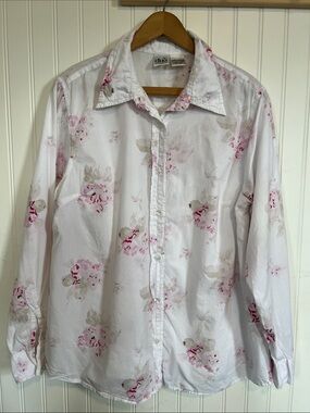 duo Maternity White Button-Down Shirt with Pink Floral Accents